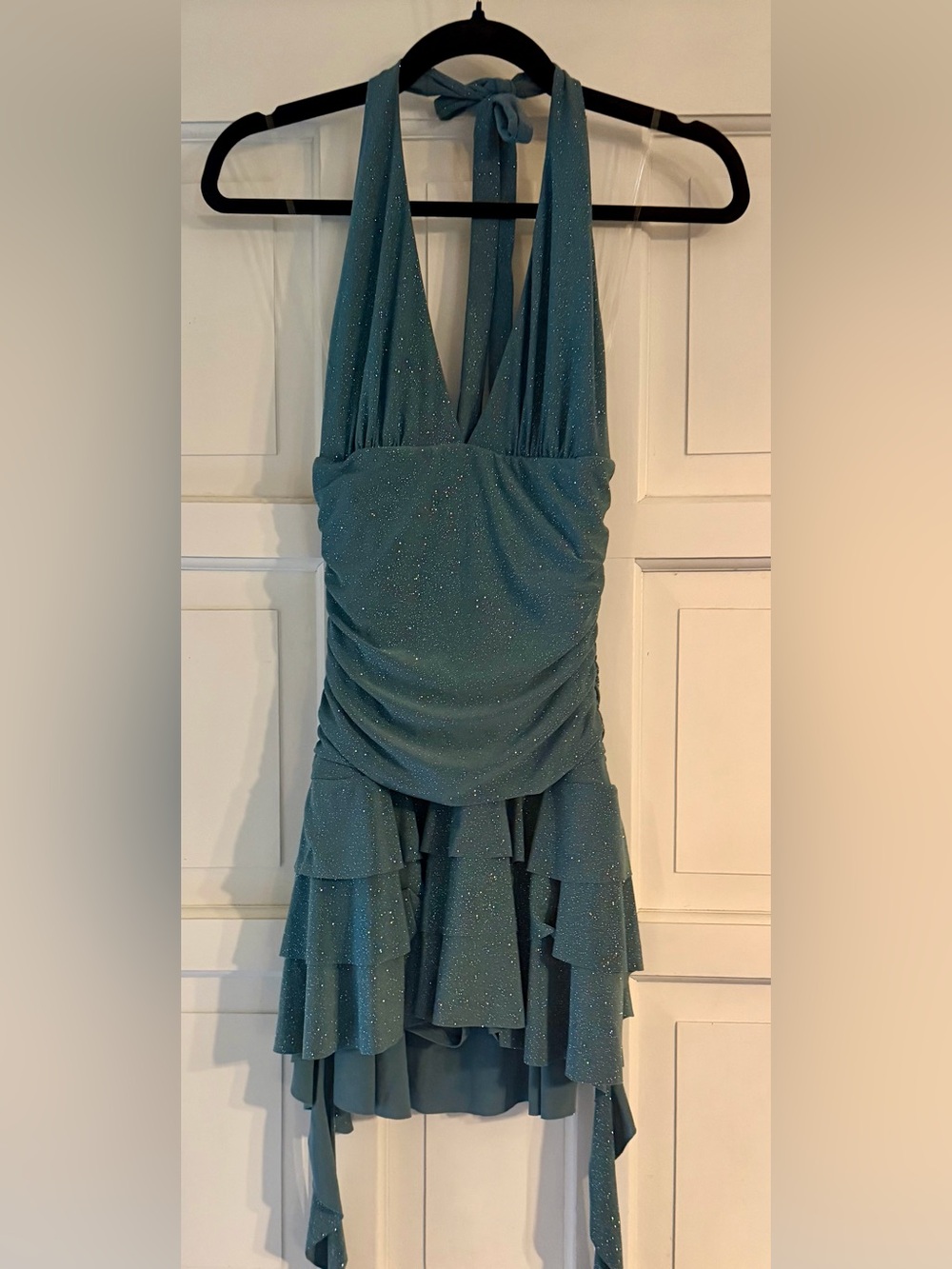 Windsor Teal Halter Sparkle Ruffle High-Low Dress